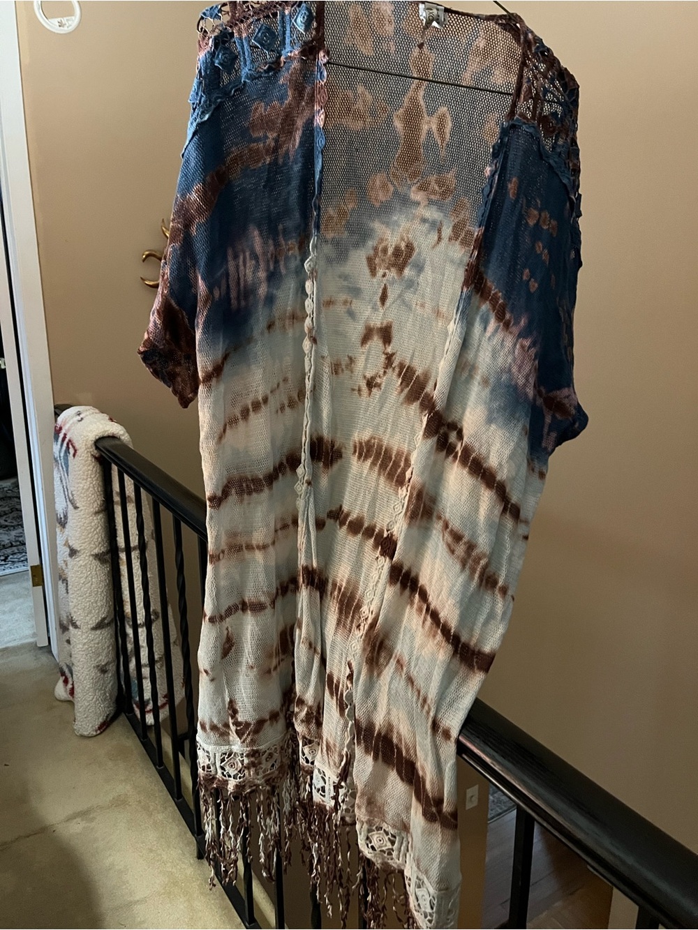 XCVI Blue, Brown, Cream Crochet Tie-Dye Kimono